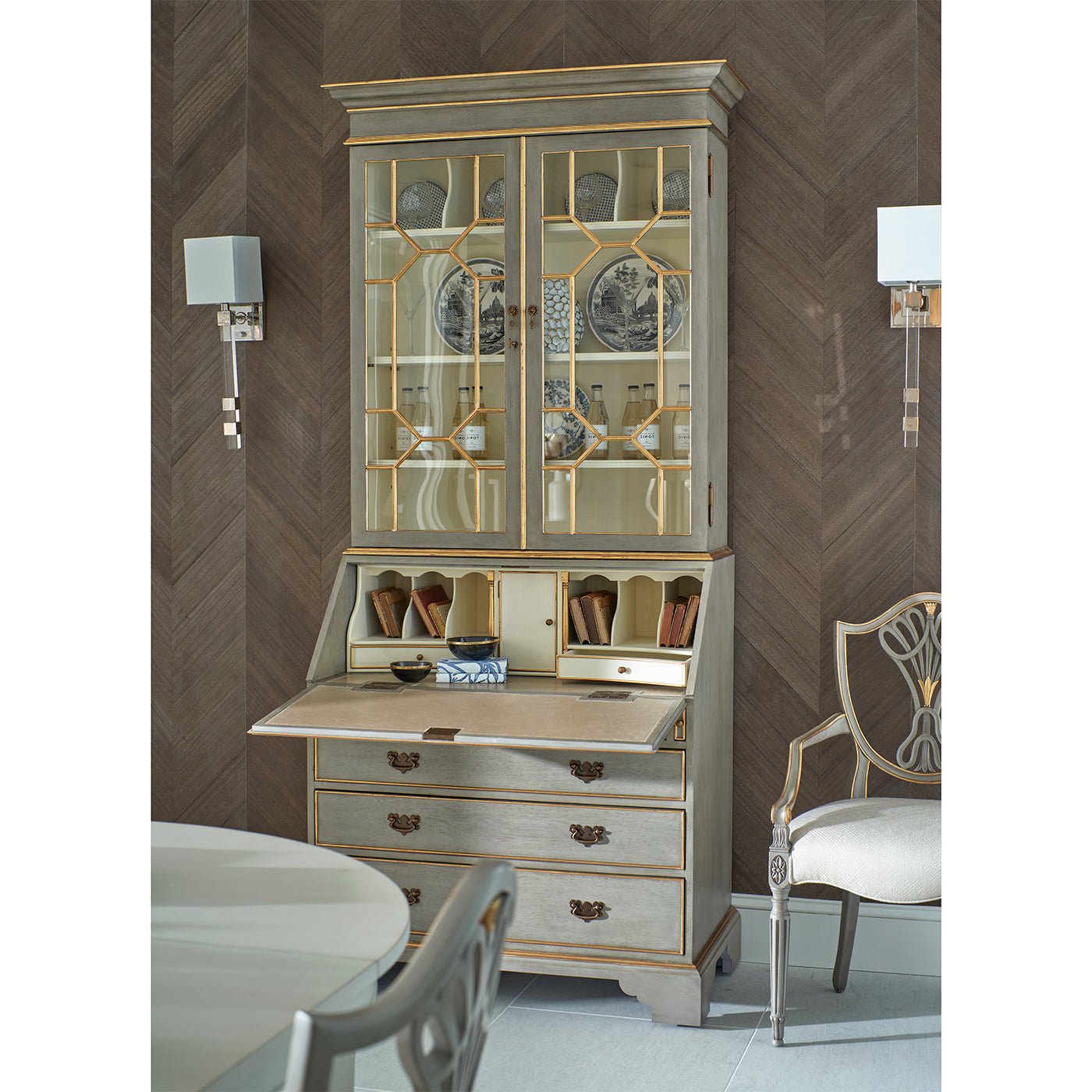 Dining chair beside cabinet in stylish dining room.