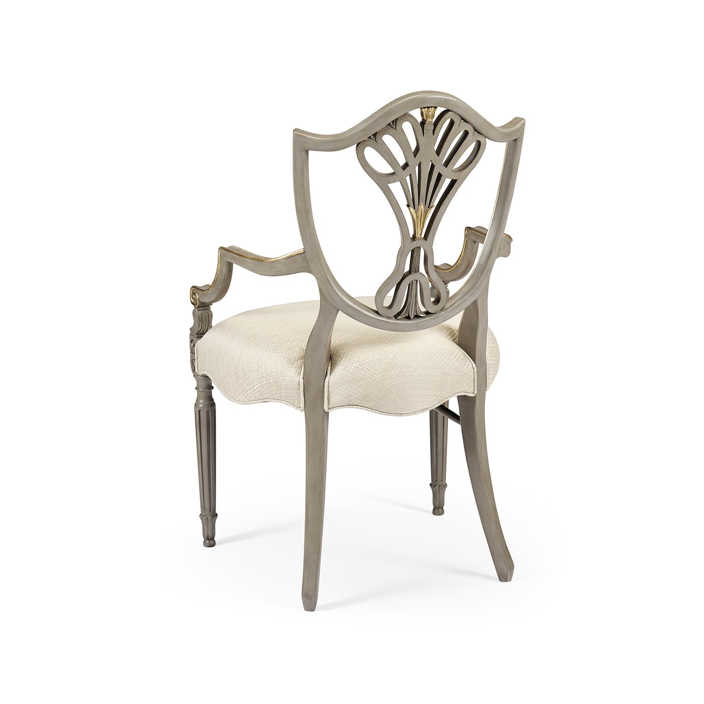 Back angled view of antique style shield back dining chair.