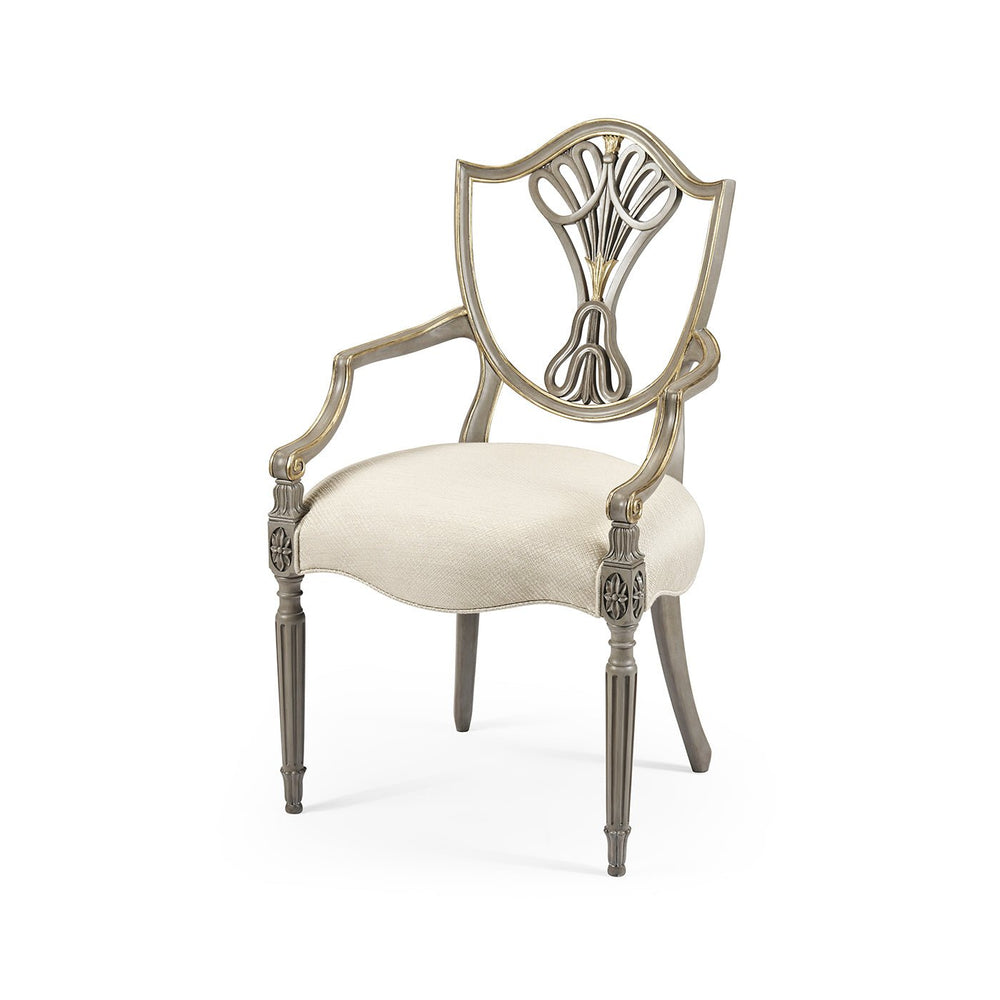 Antique style shield back dining chair, front angled view.