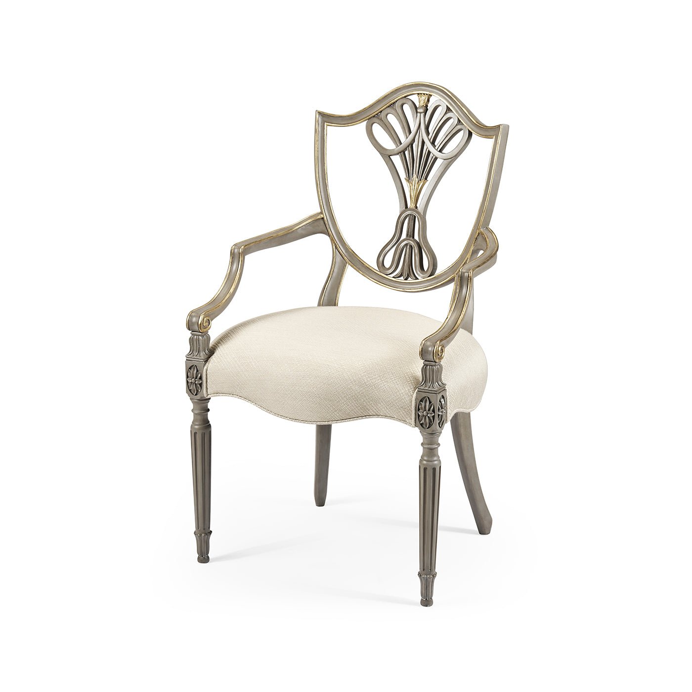 Antique style shield back dining chair, front angled view.