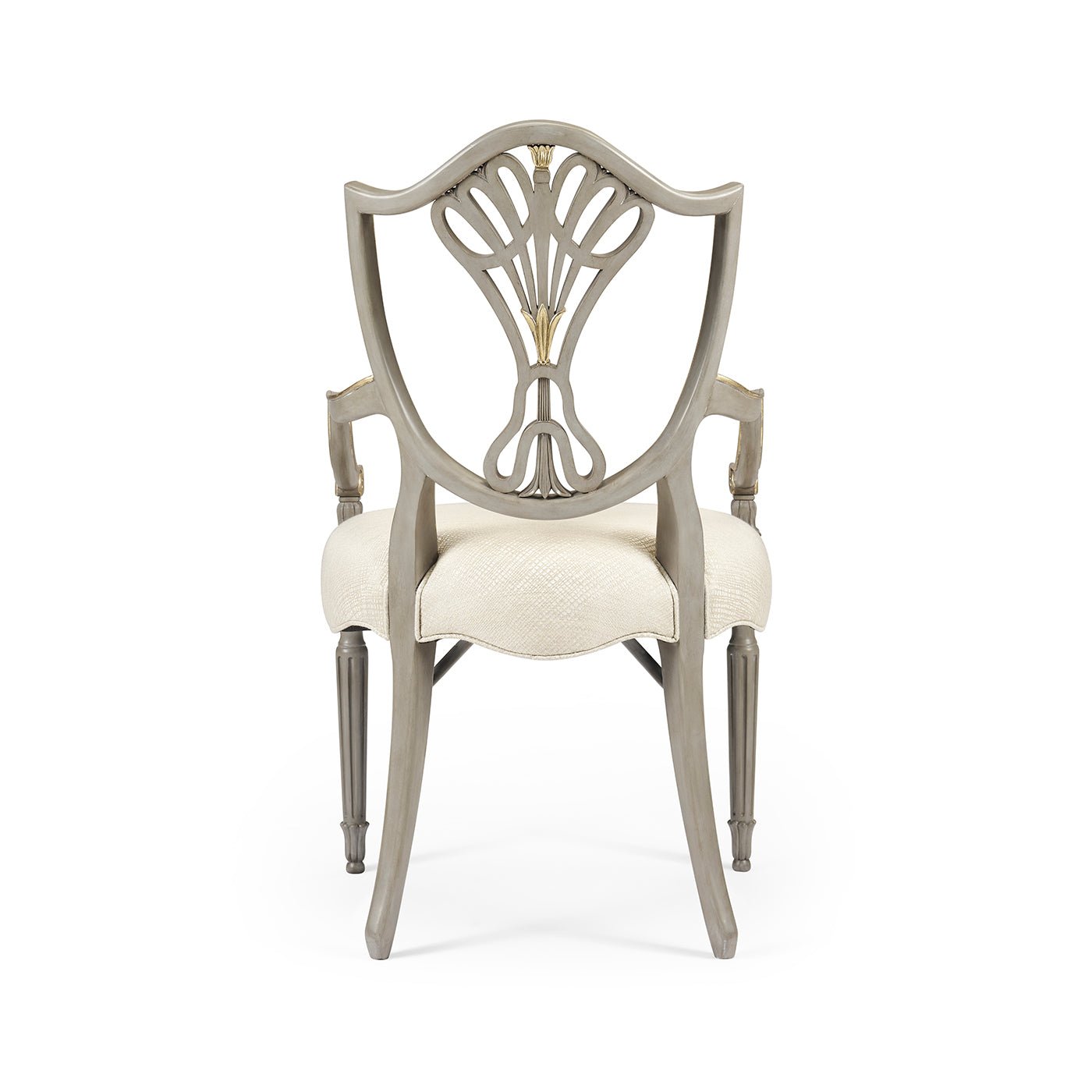 Back view of antique style shield back dining chair.