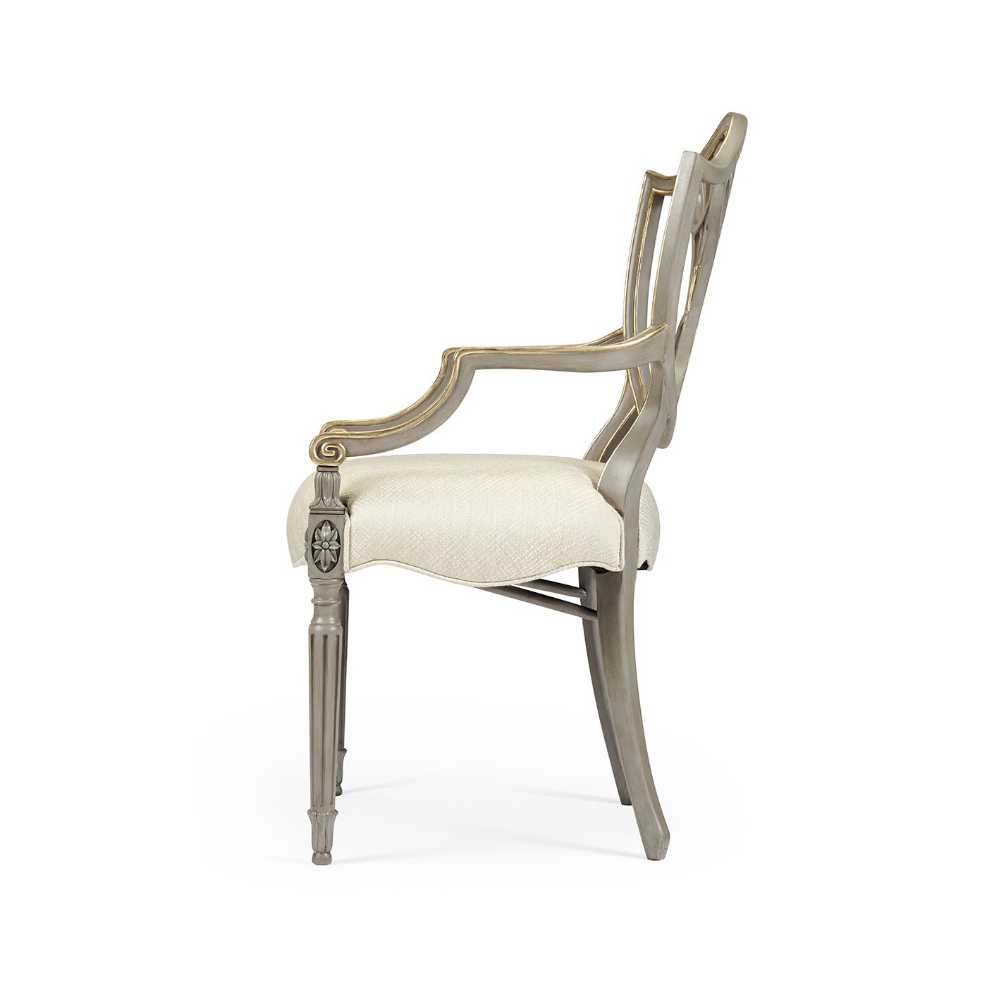 Side view of antique style shield back dining chair.