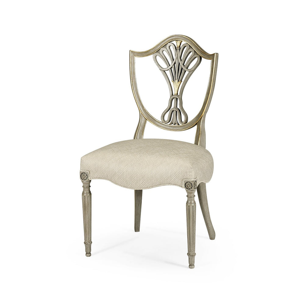 Shield back dining side chair, front angle view.