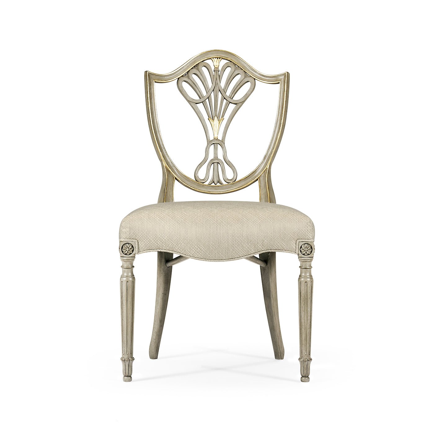 Shield back dining side chair, front view.