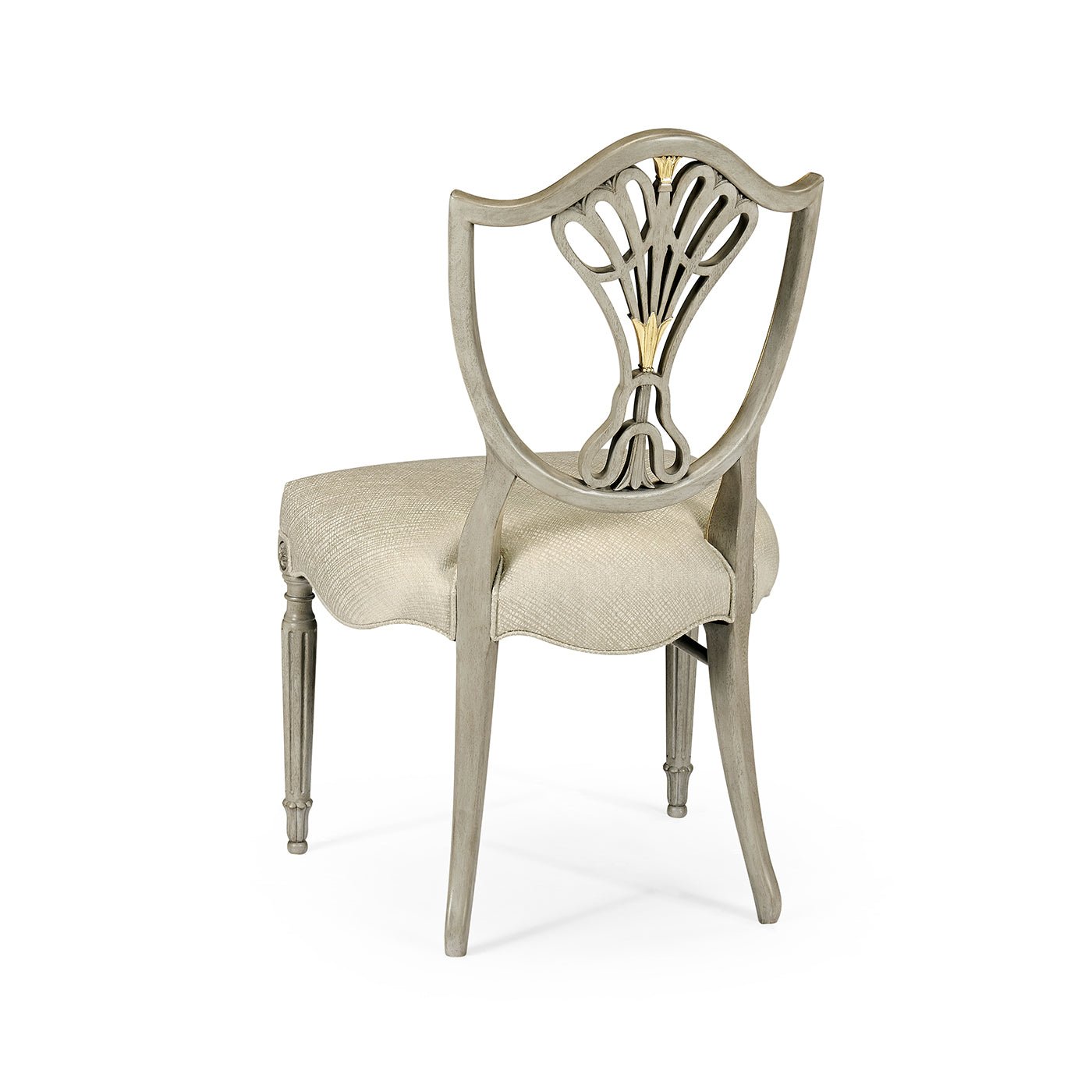 Shield back dining side chair, rear angle view.