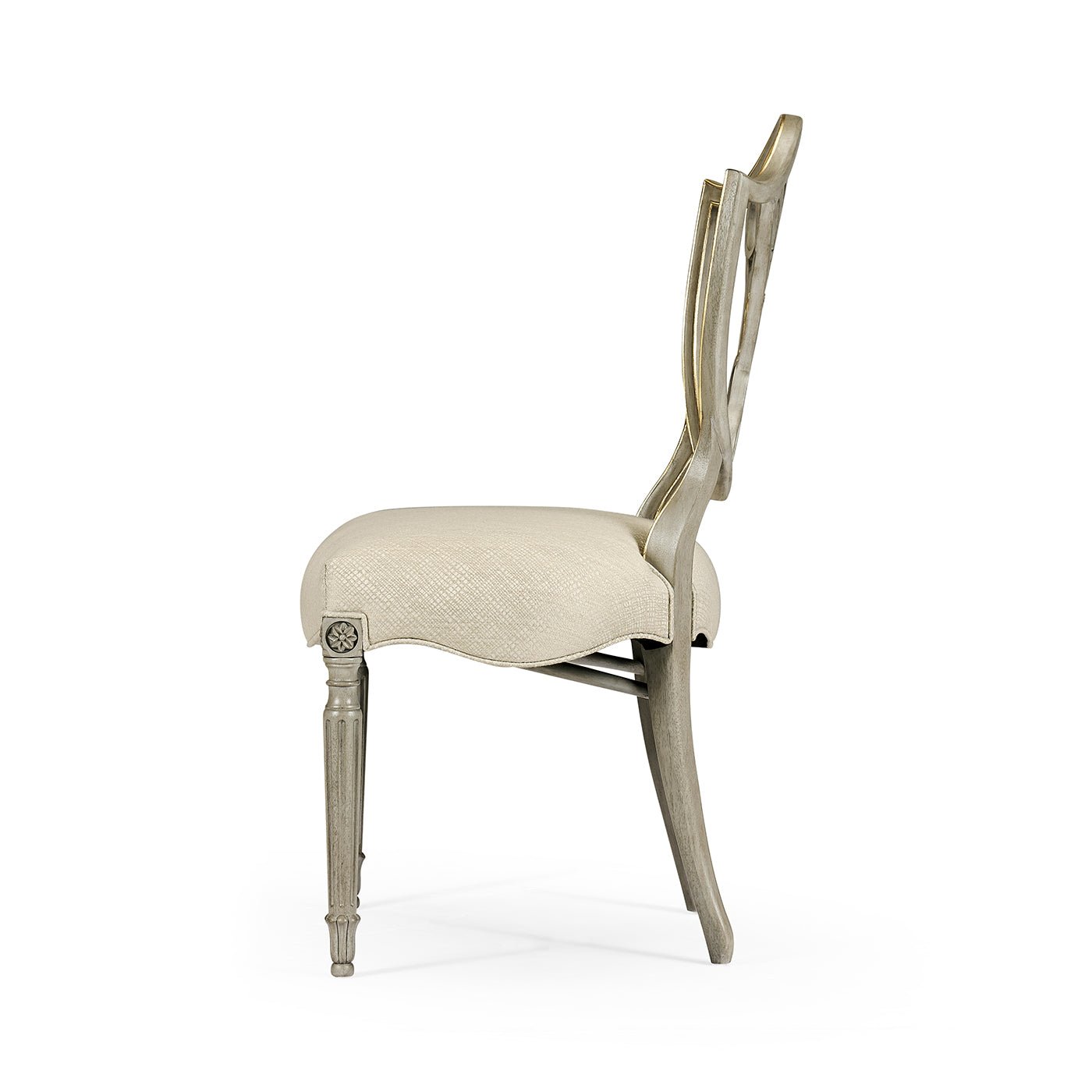 Shield back dining side chair, side profile.