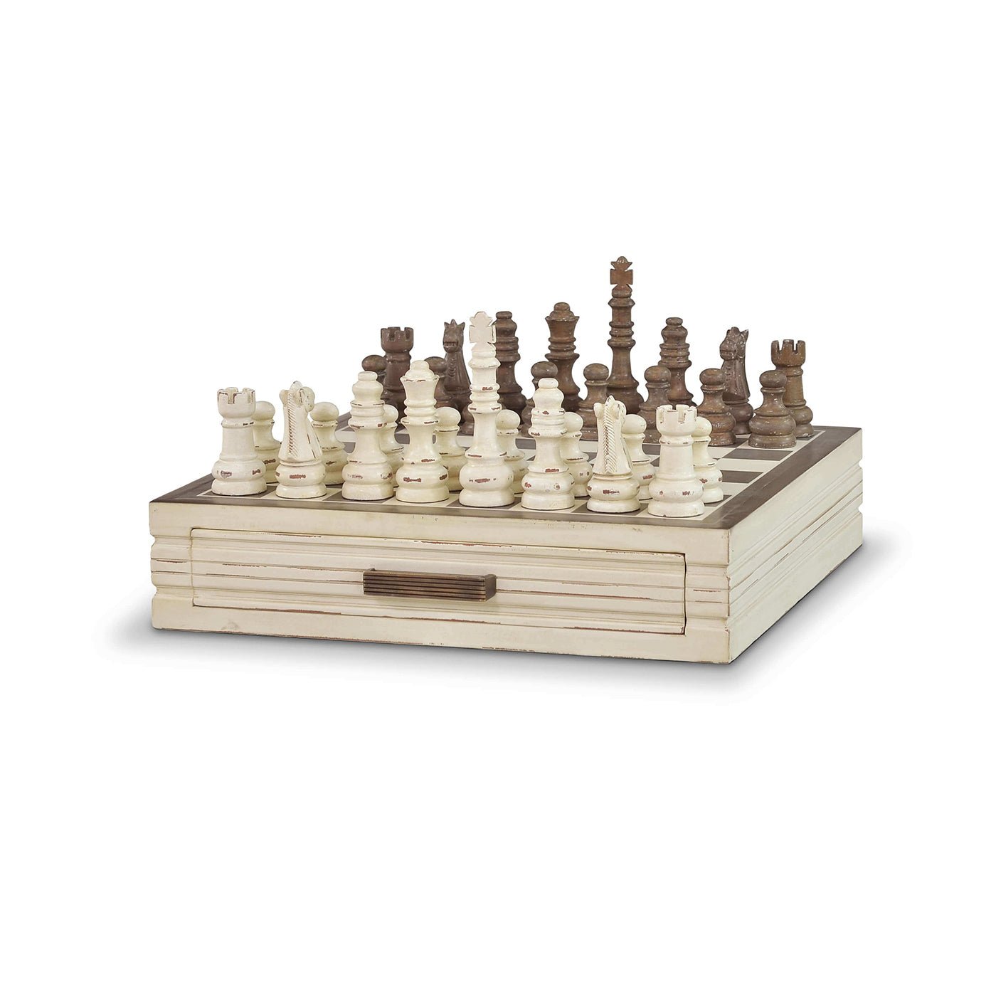 Side view of antique style wooden chess board.