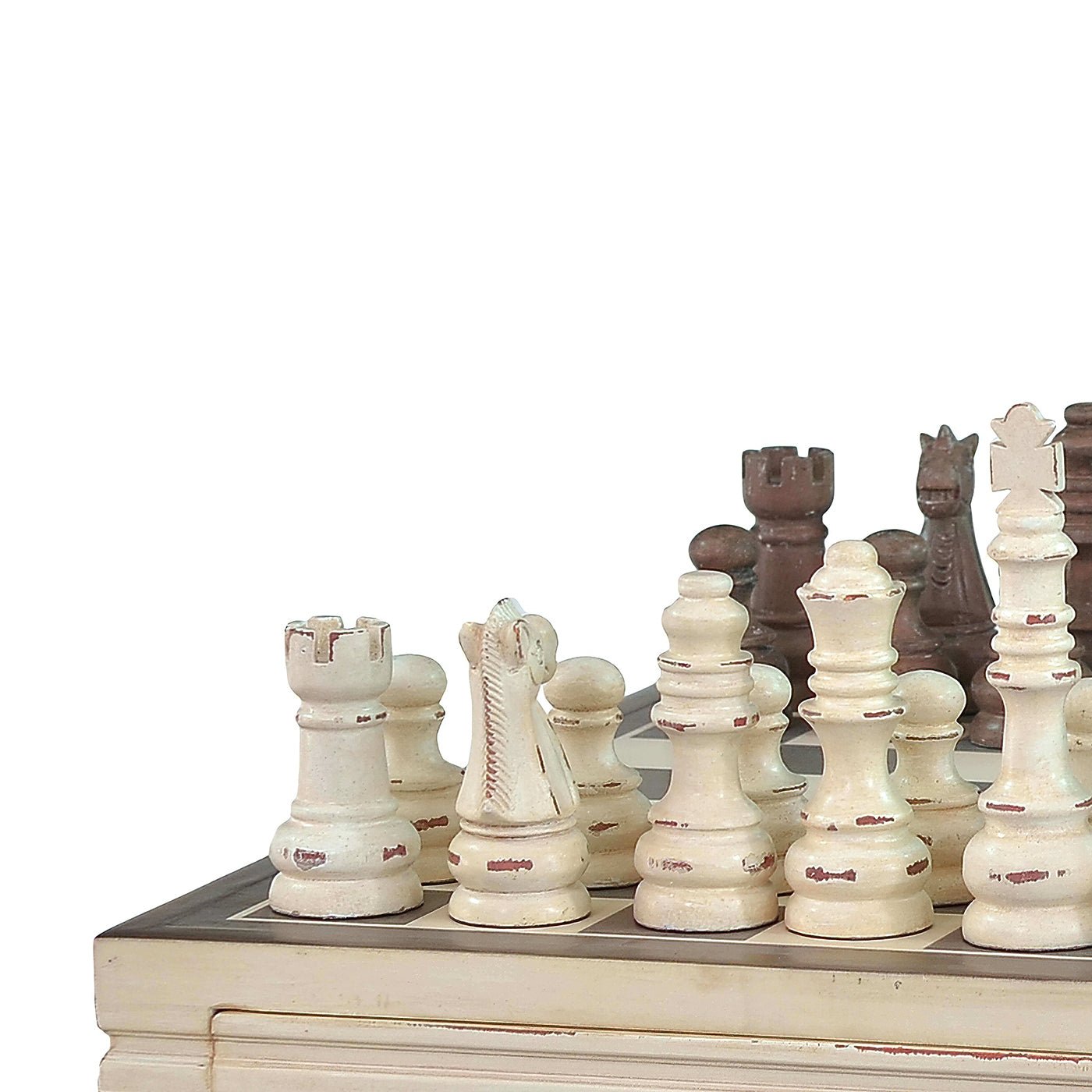 Close-up of chess pieces on antique style board.