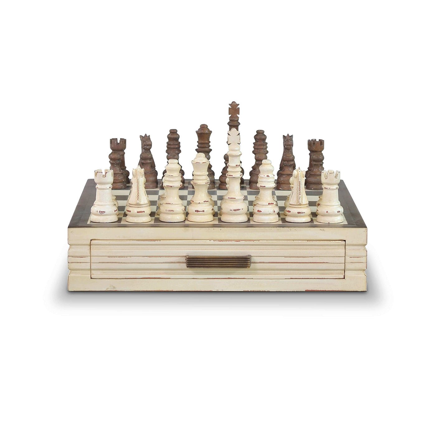 Front view of antique style wooden chess board.
