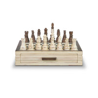 Front view of antique style wooden chess board.