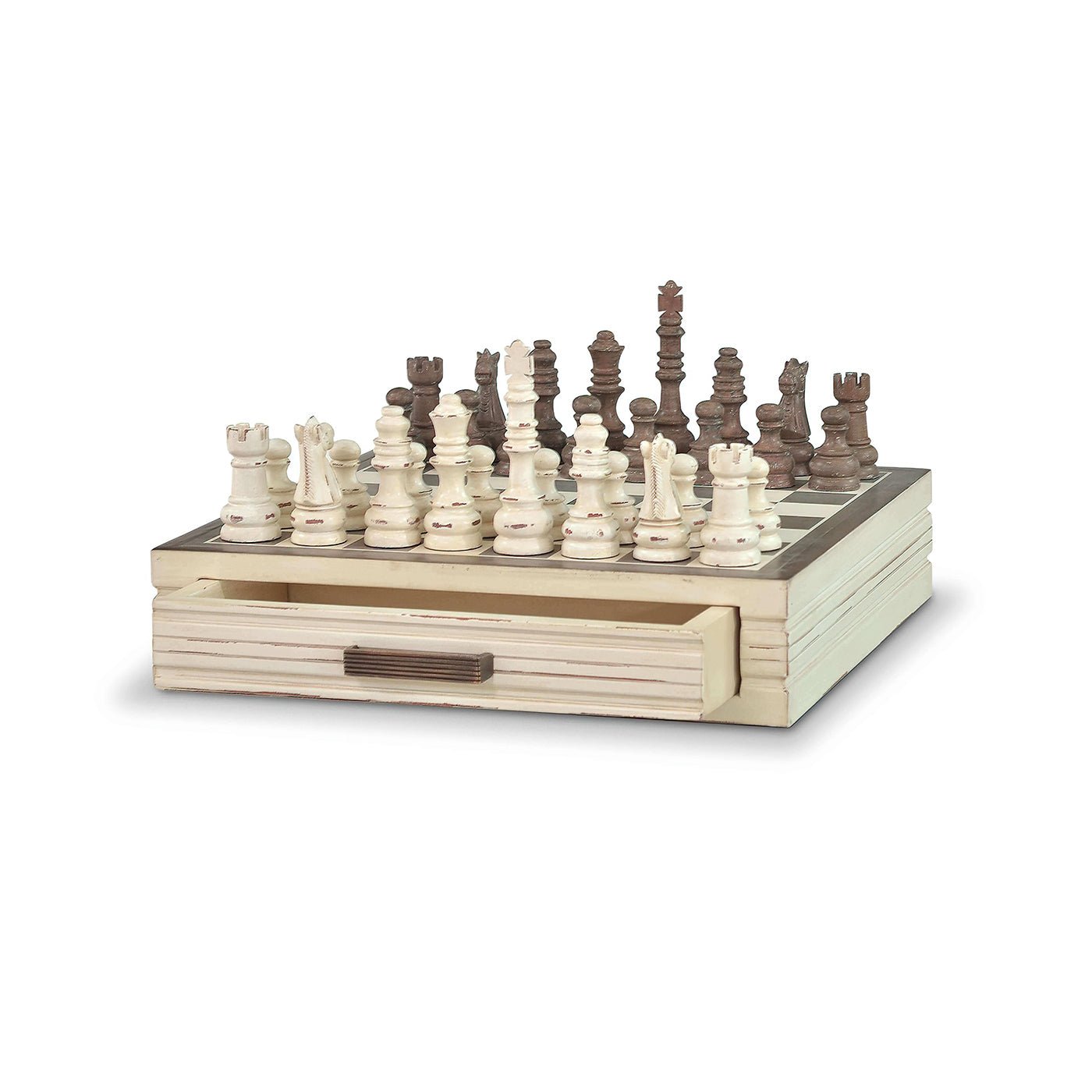 Angled view with drawer open, wooden chess board.