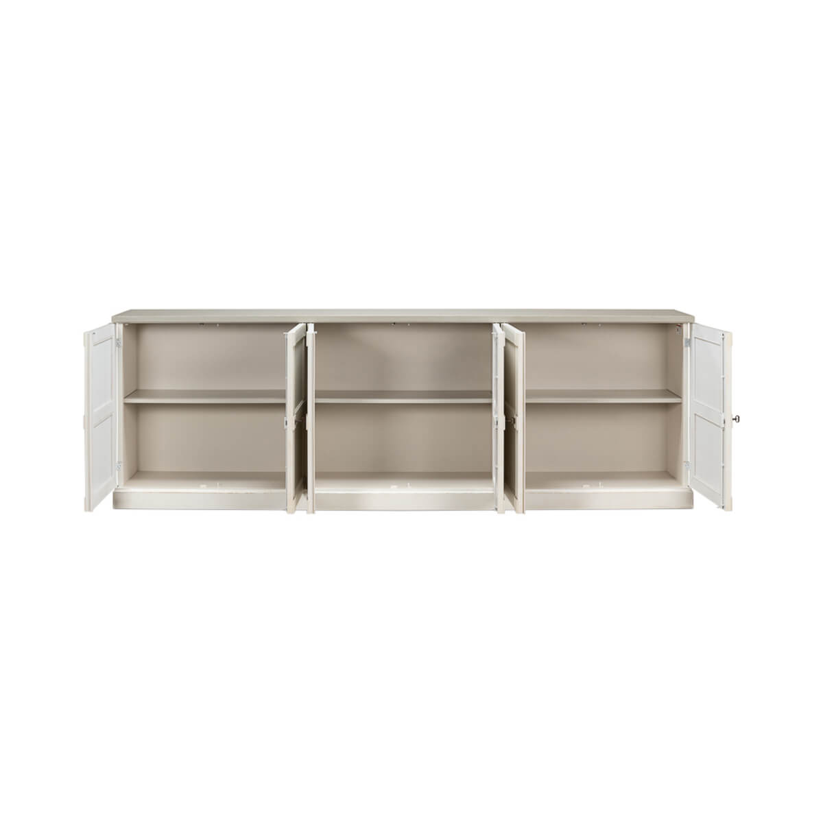 Antique white sideboard interior shelves, doors open view.