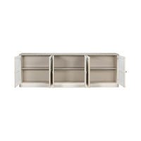 Antique white sideboard interior shelves, doors open view.