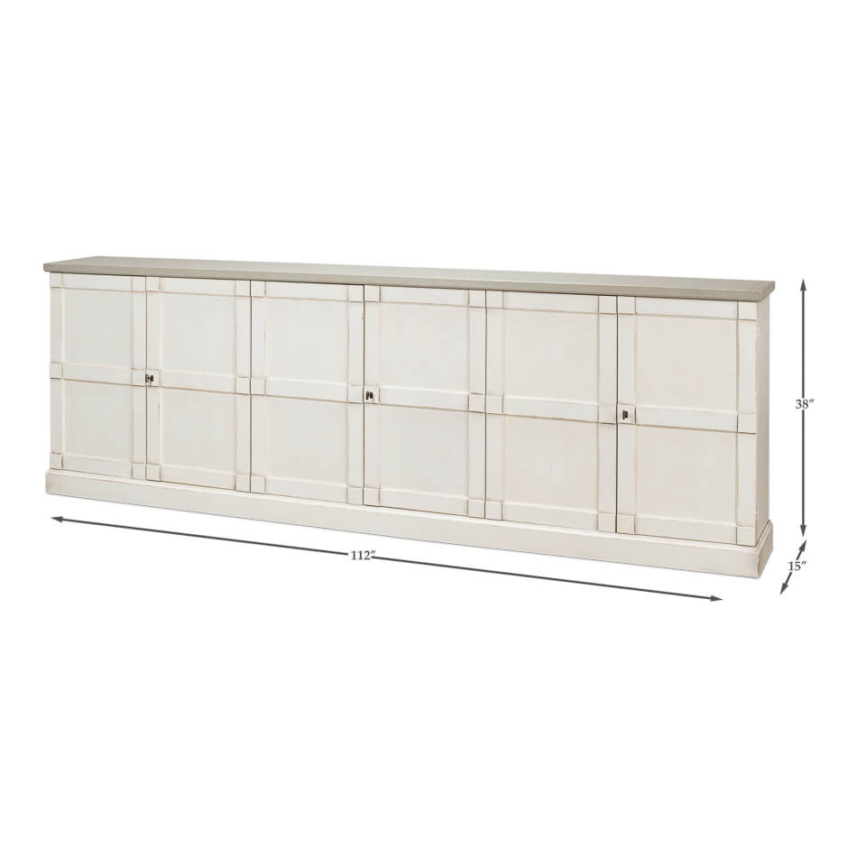 Antique white sideboard dimensions diagram front view.
