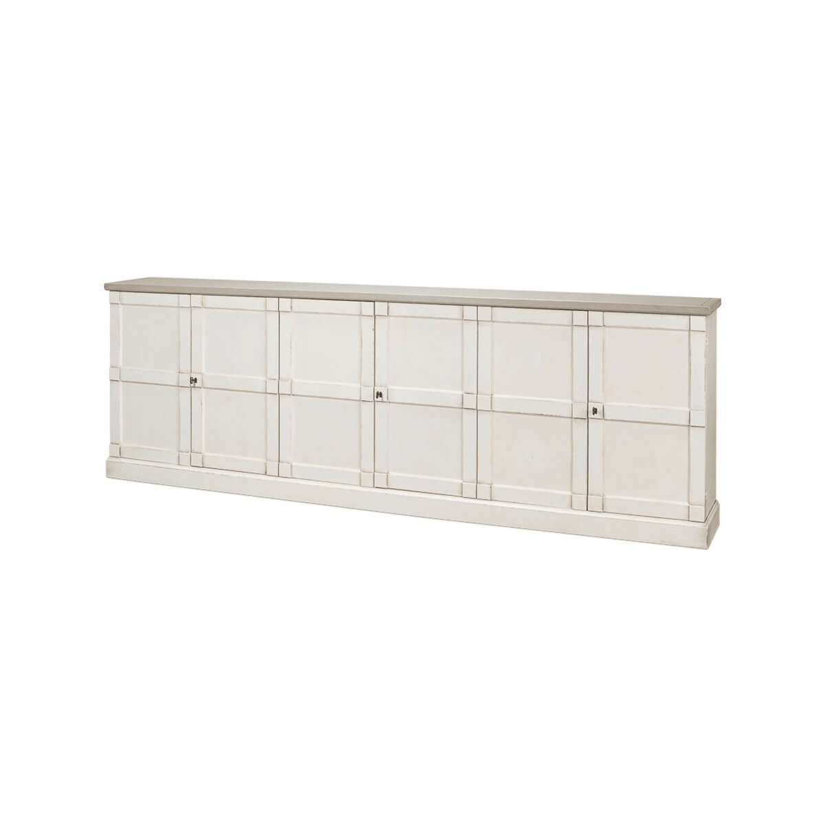 Right angle view of antique white sideboard.