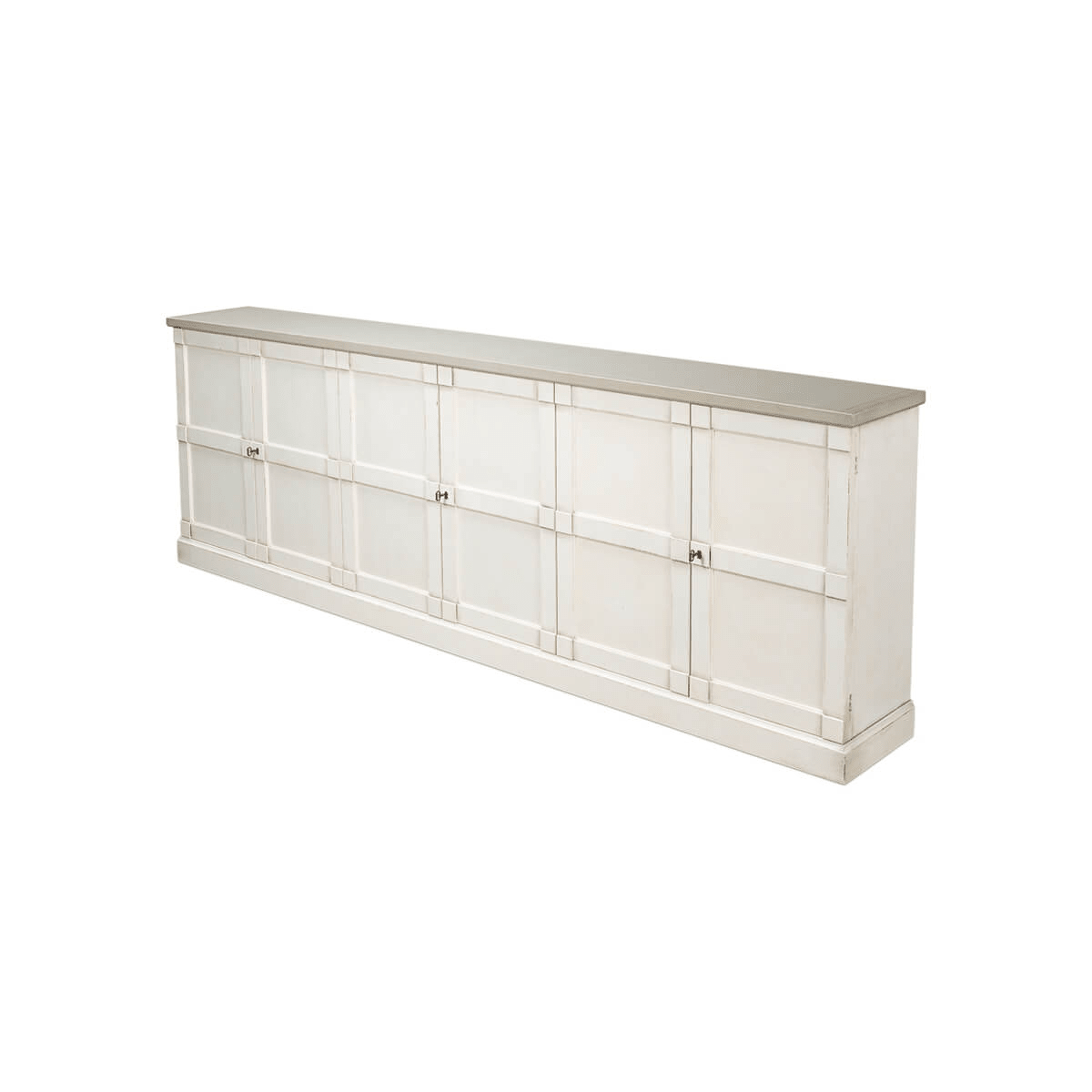 Left angle view of antique white sideboard.