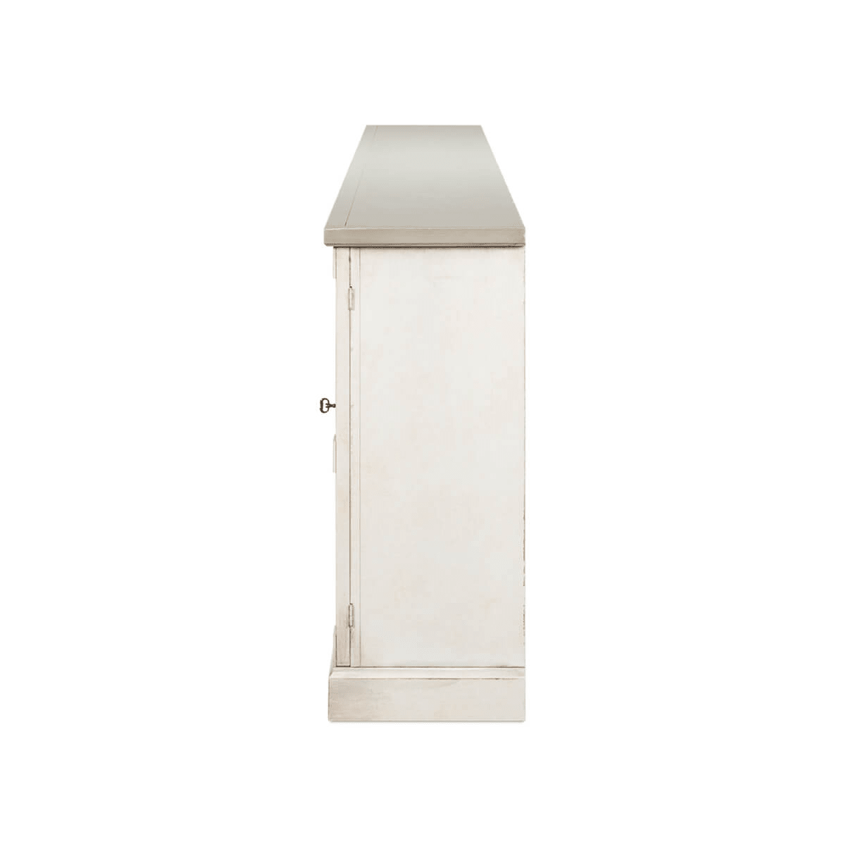 Side profile of antique white sideboard.