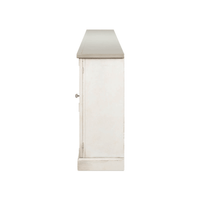 Side profile of antique white sideboard.
