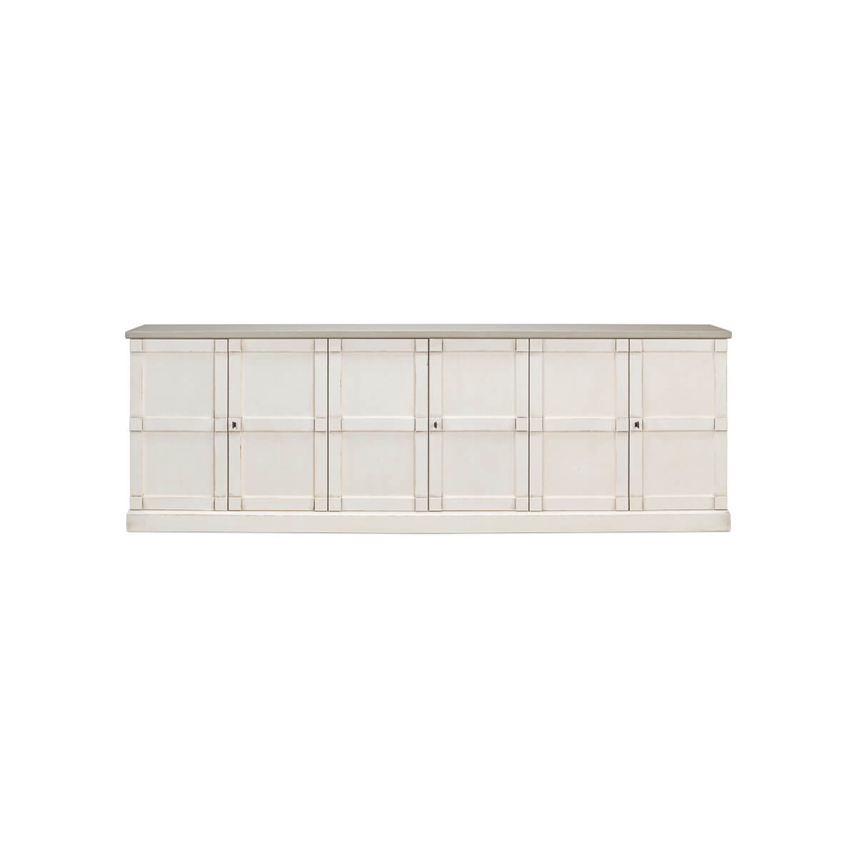 Antique white sideboard front view with doors closed.
