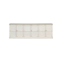 Antique white sideboard front view with doors closed.