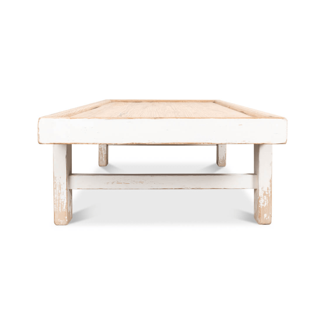Straight-on end view of farmhouse coffee table.