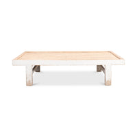 Front view of antique white farmhouse coffee table.
