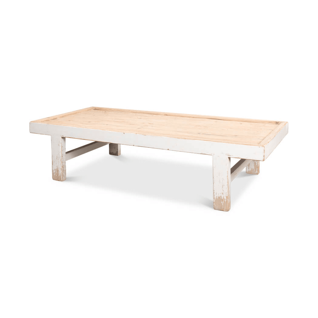 Angled side view of farmhouse coffee table.