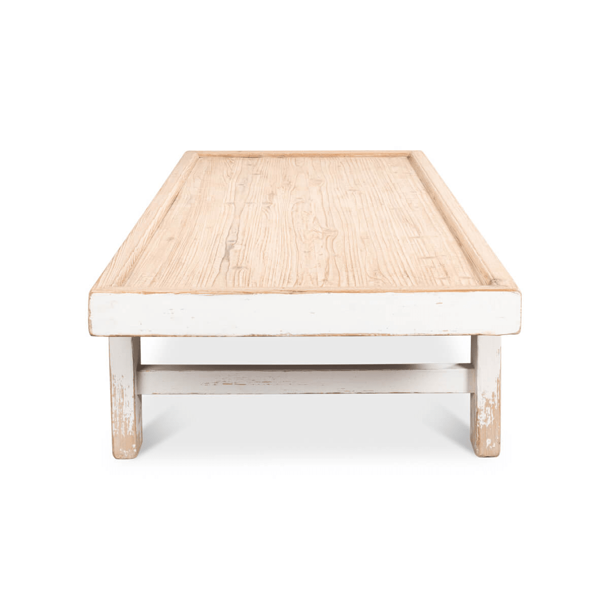 End view showing legs of farmhouse coffee table.