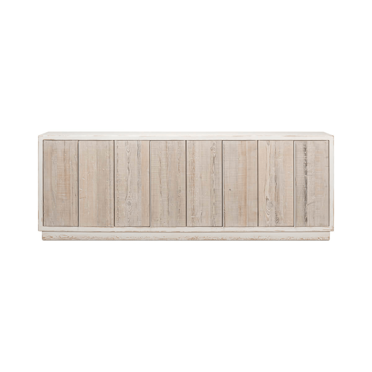 Front view of white rustic sideboard with doors.