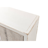 Close-up of white sideboard corner detailing.