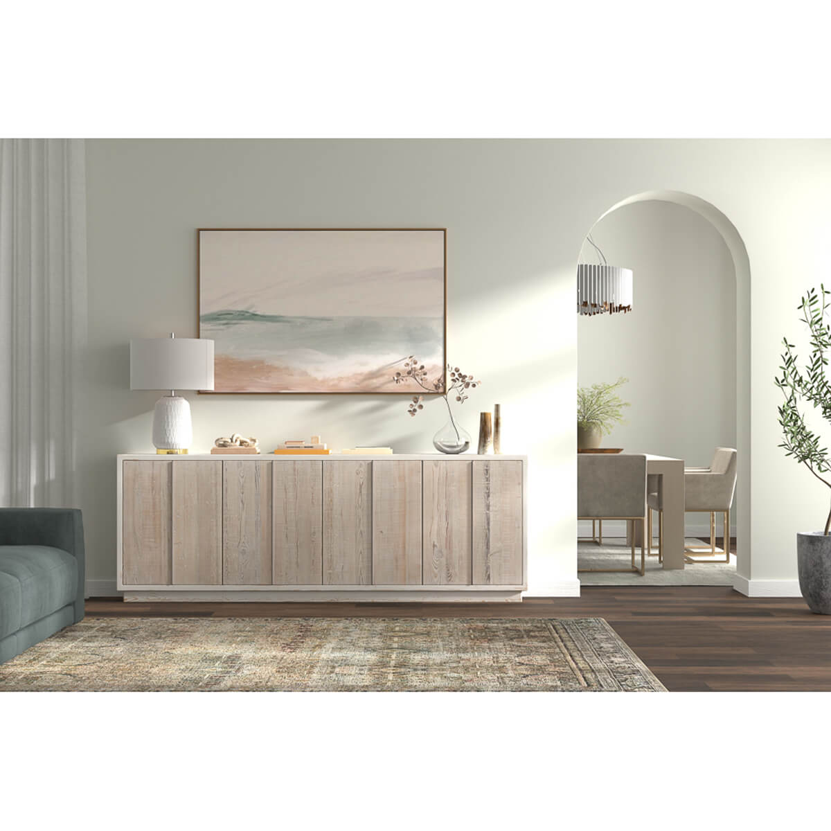 Antique white sideboard in modern living room setting.
