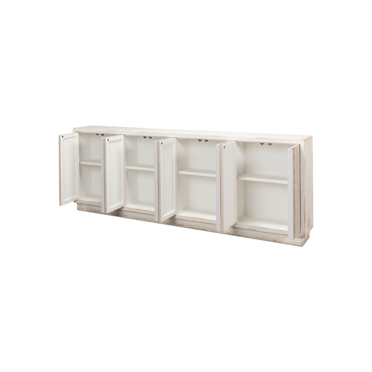 Open rustic sideboard showcasing interior shelves.