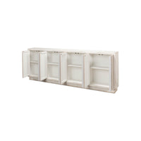 Open rustic sideboard showcasing interior shelves.