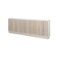Rustic white sideboard with closed doors, side view.