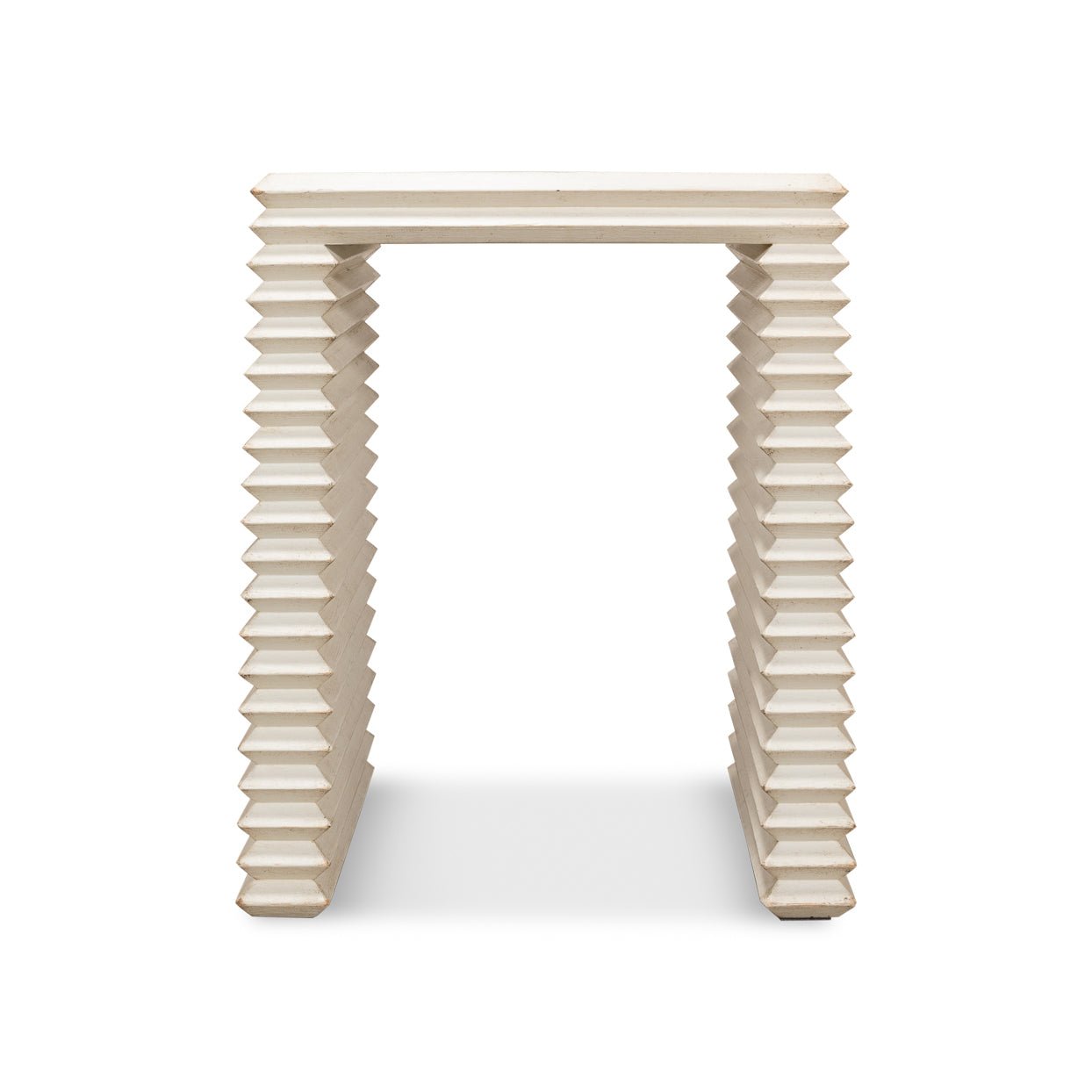 Back view of antique white stacked side table.