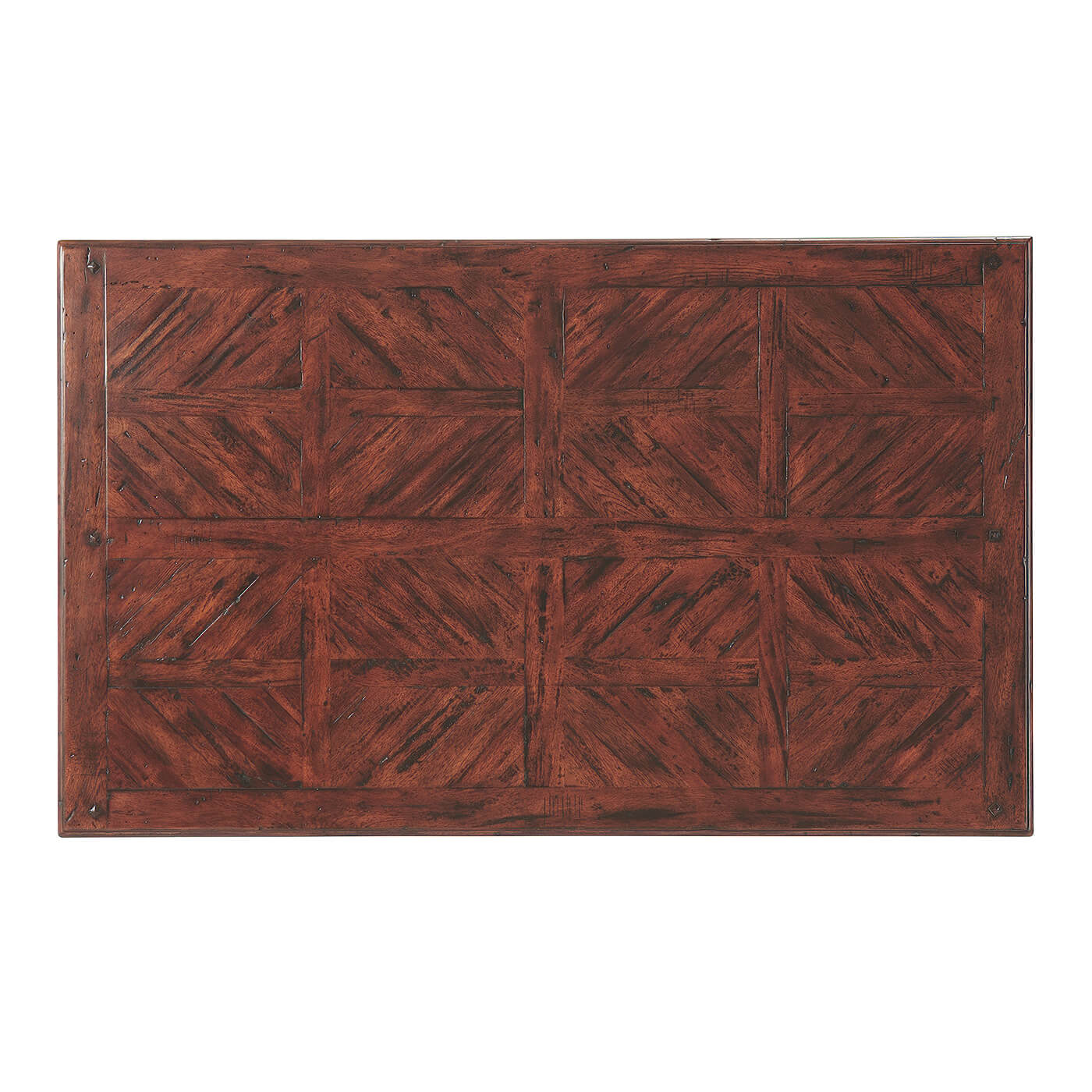 Top view of wood-textured writing table with chevron pattern.