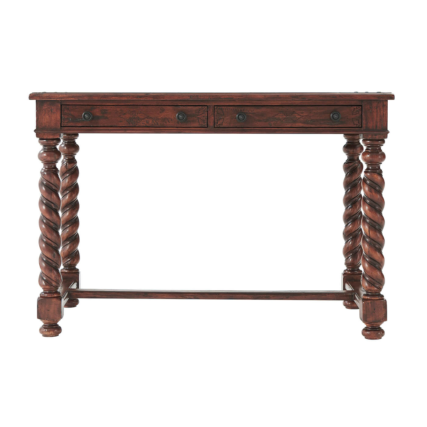 Facade of 17th-century writing table with twisted legs.