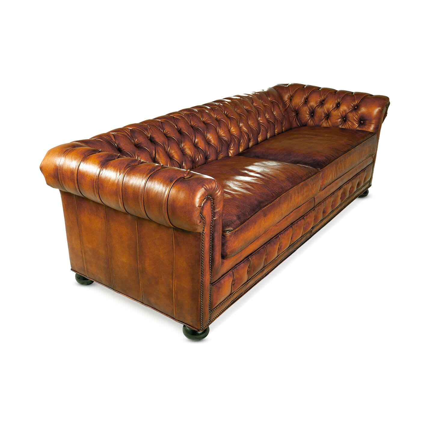 Angled back view of Chesterfield leather sofa.