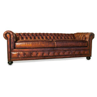 Low angle view of Chesterfield leather sofa.