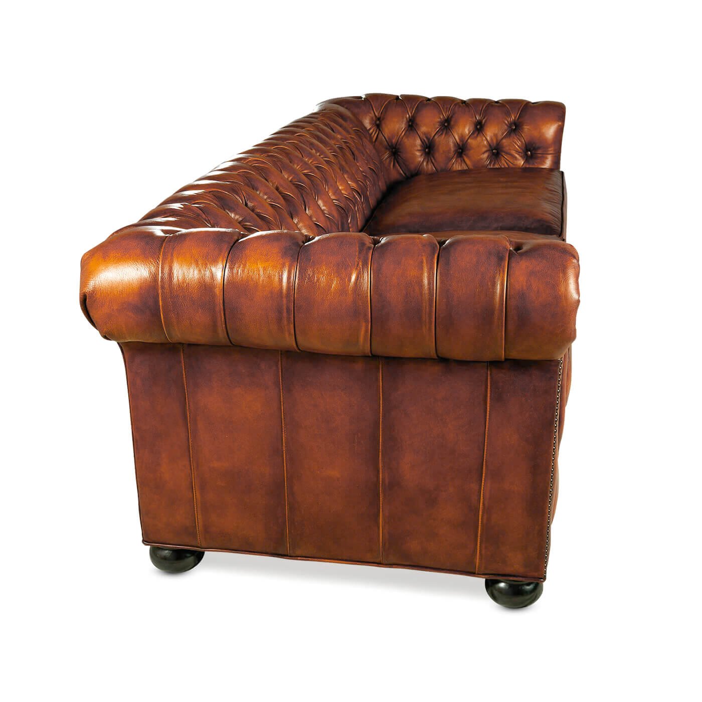 Side profile of Chesterfield leather sofa arm.
