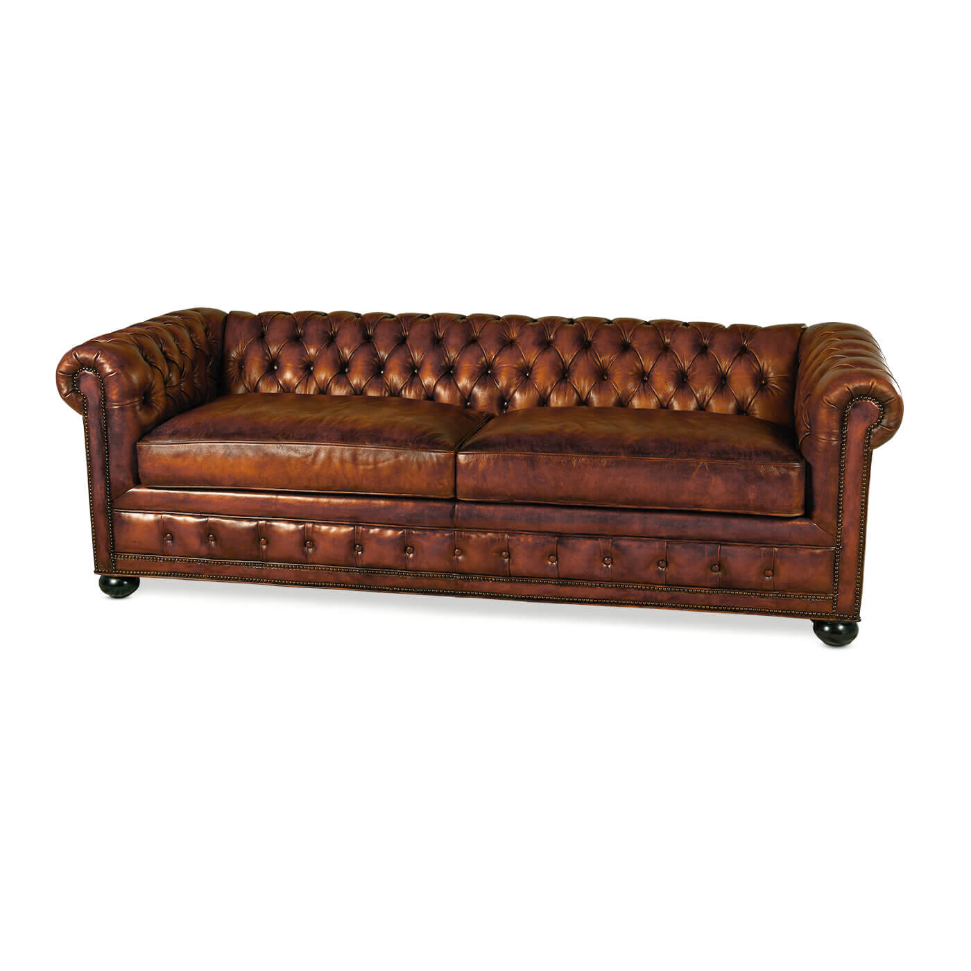 Angled front view of Chesterfield leather sofa.