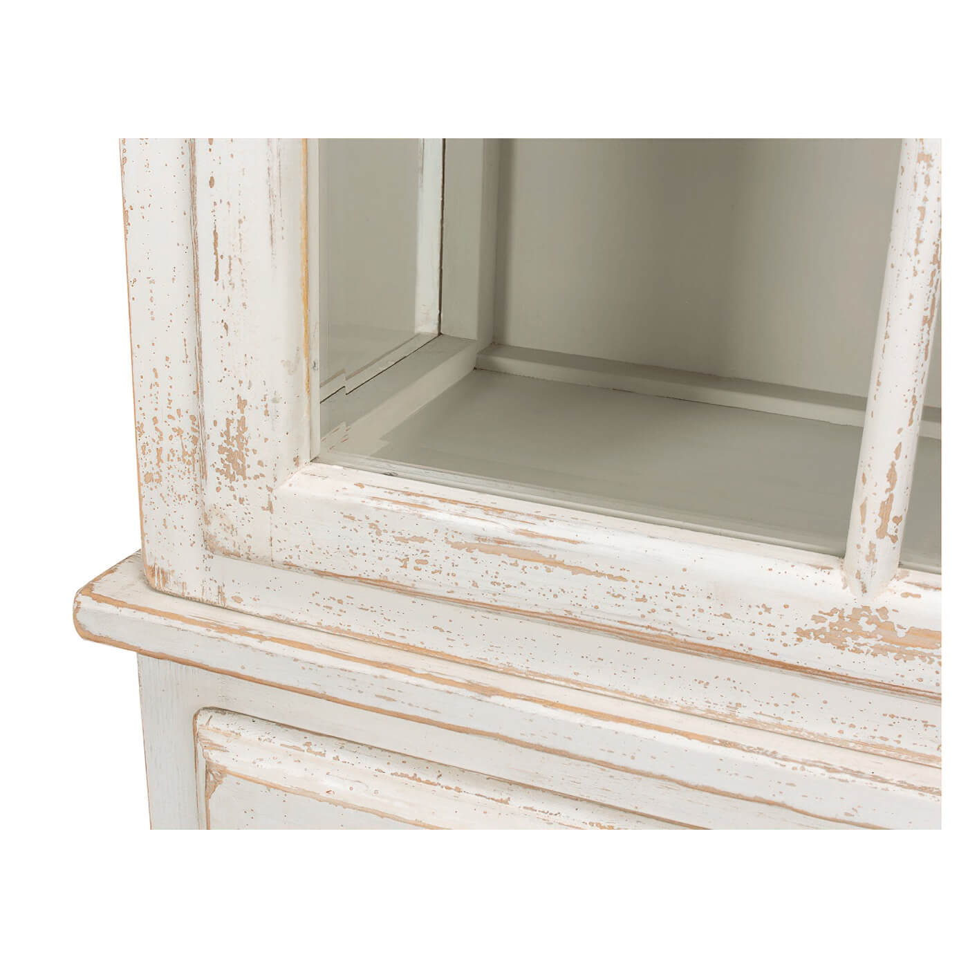 Close-up of rustic bookcase corner, distressed details.