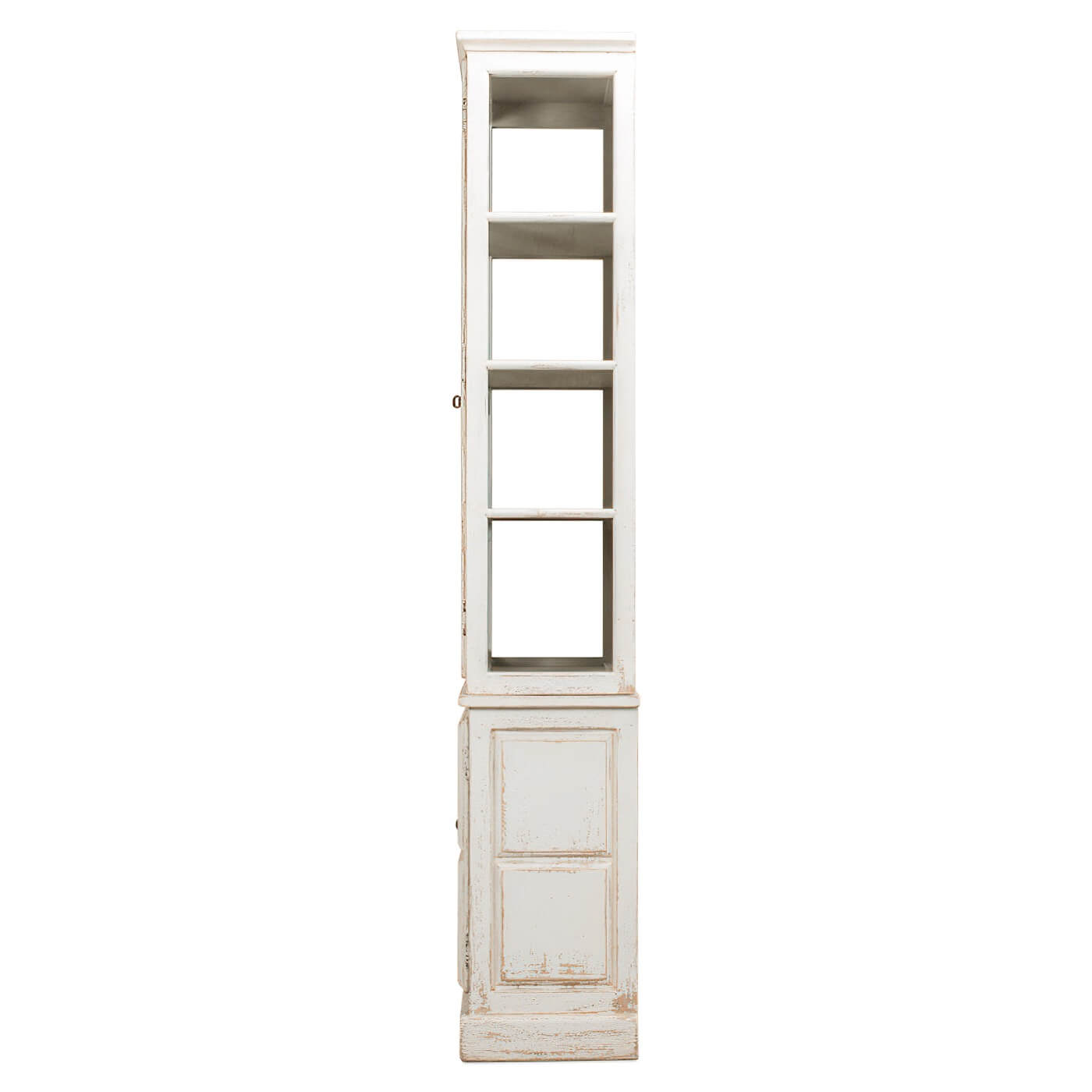 Side view of white rustic bookcase, top and bottom doors.