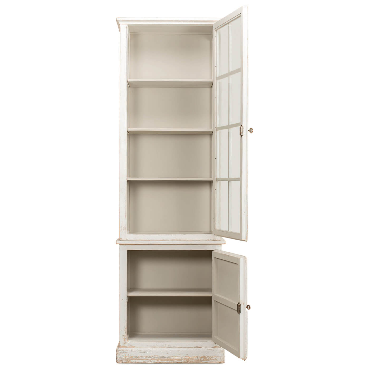 Open rustic white bookcase, showing shelves inside.