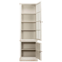Open rustic white bookcase, showing shelves inside.