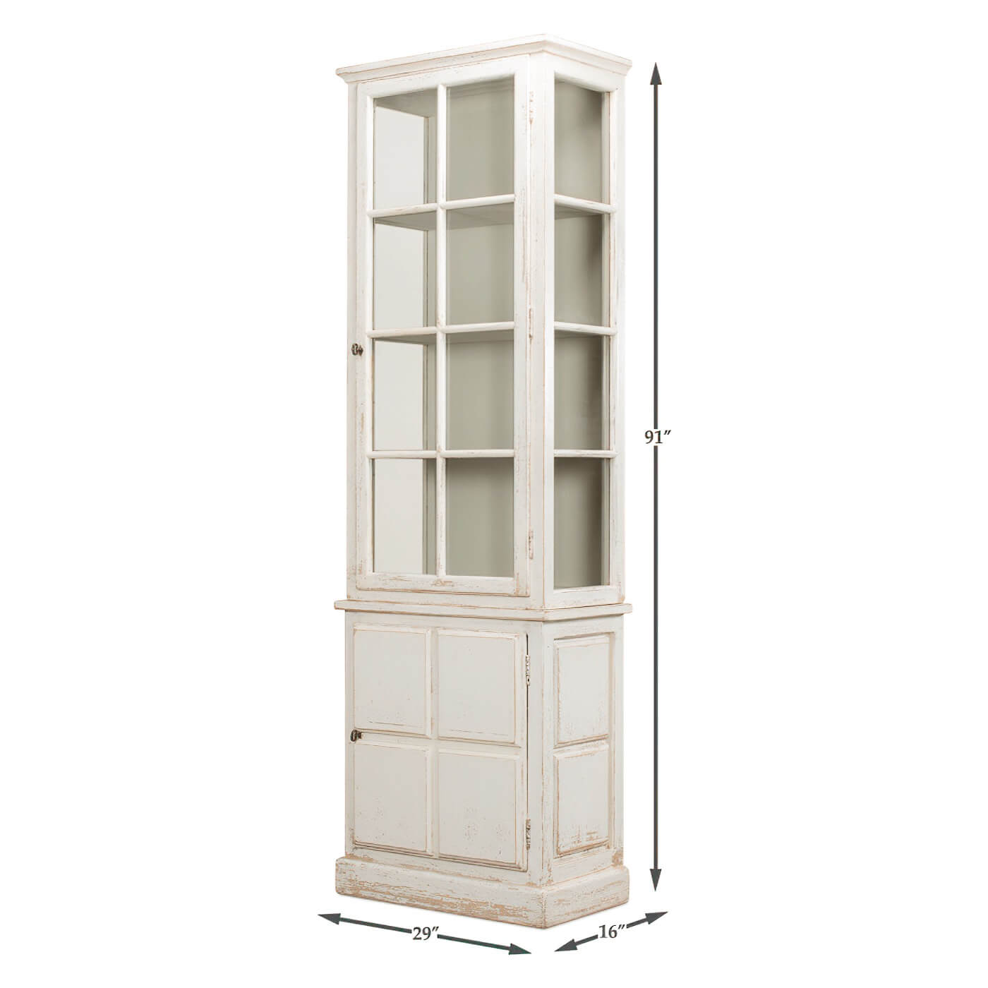 Rustic bookcase with dimensions, white distressed finish.