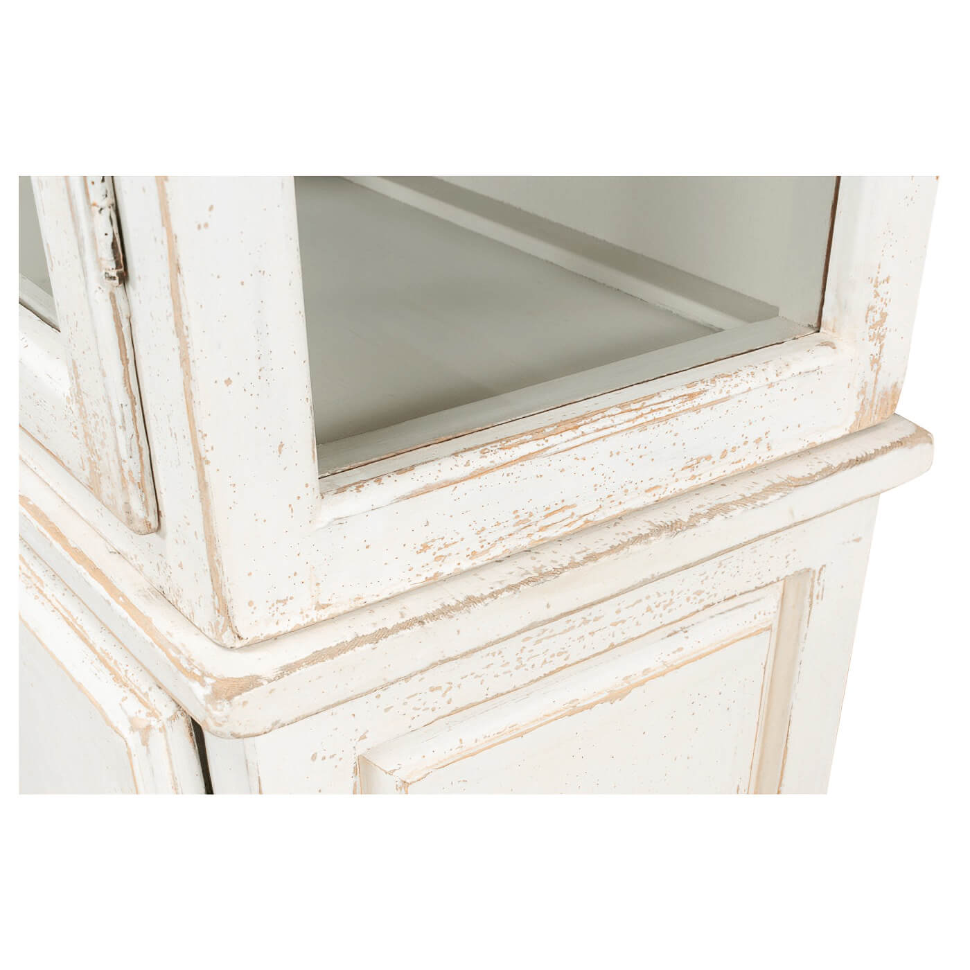 Corner details of white rustic bookcase, distressed texture.
