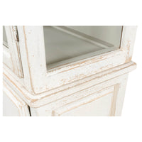 Corner details of white rustic bookcase, distressed texture.