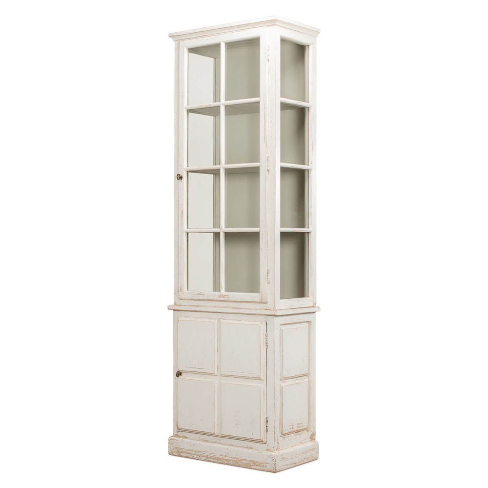 Rustic white bookcase angled view, glass doors closed.