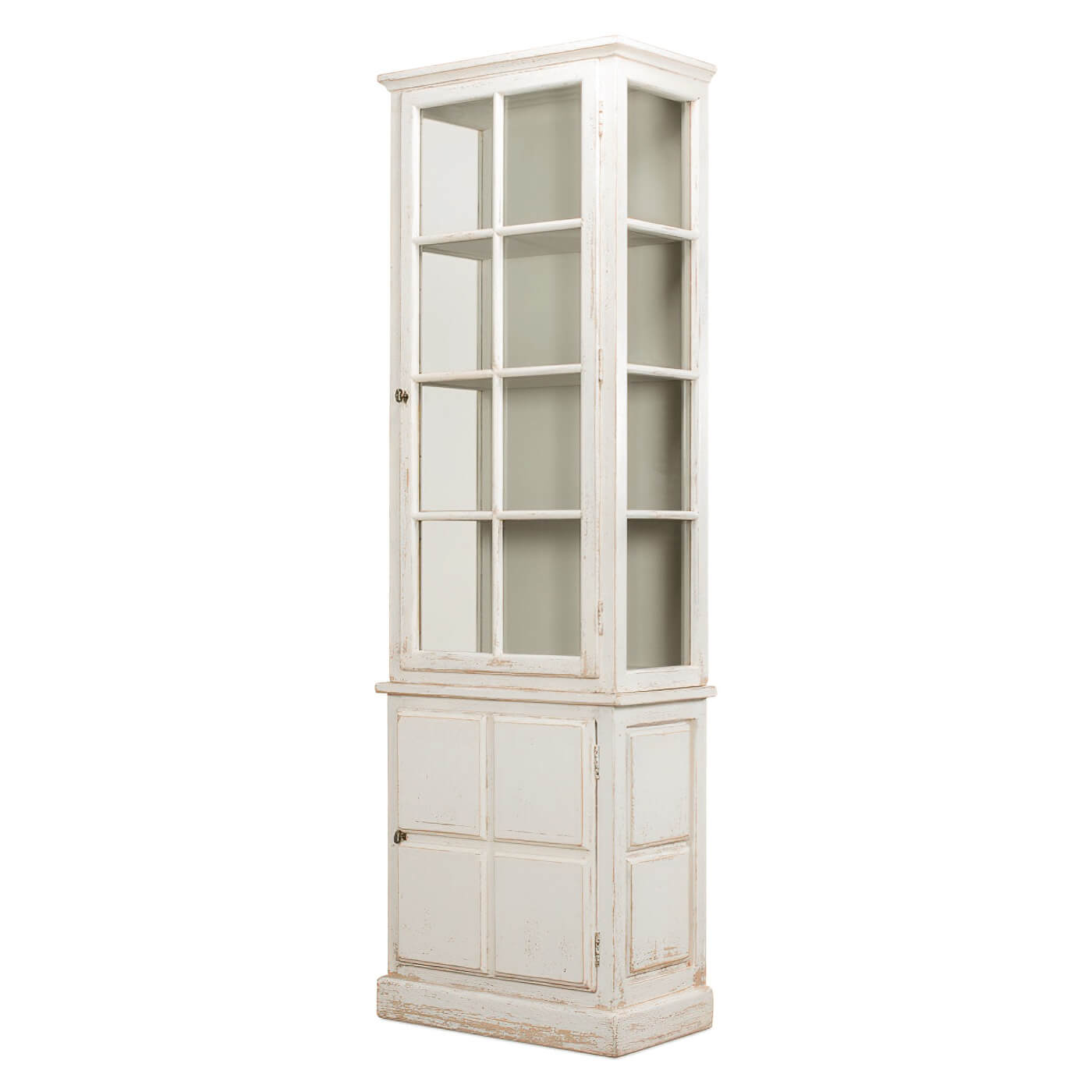 Rustic white bookcase angled view, glass doors closed.